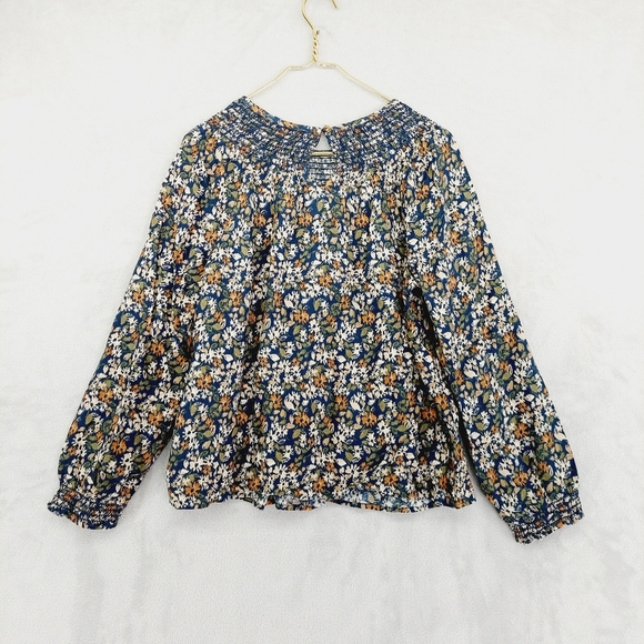New Sonoma Blue Floral Elastic Scoop Neck Long Sleeves Blouse P600 - Picture 5 of 9